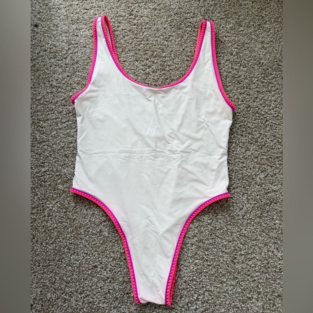 Zara white One-Piece Swimsuit with Pink Trim